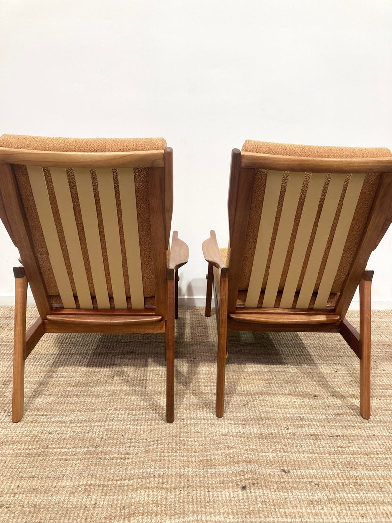 Pre - order: Danish Deluxe paddle high back armchairs Inga restored Zepel fabric boucle teak