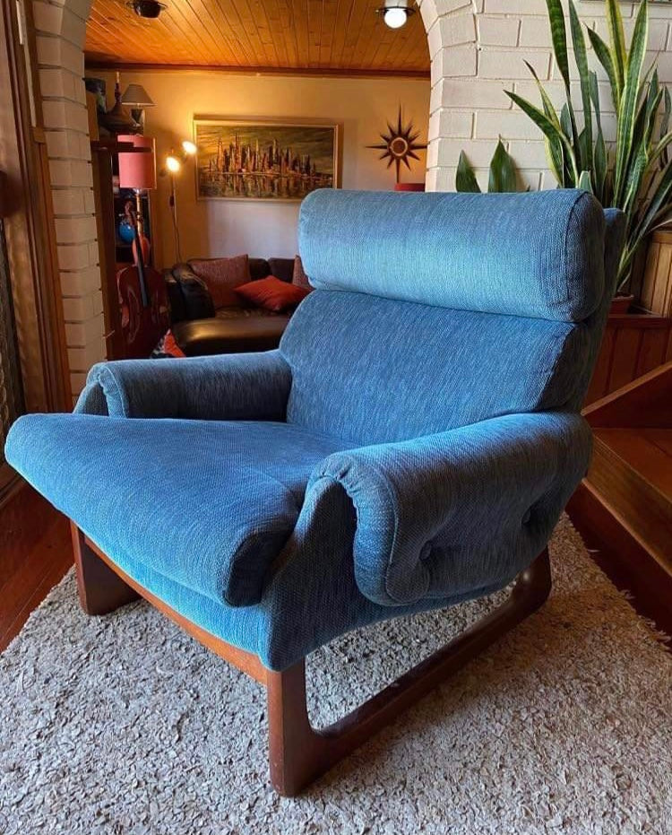 Pair Gerald Easden MCM teak restored armchairs rare genuine sleigh blue