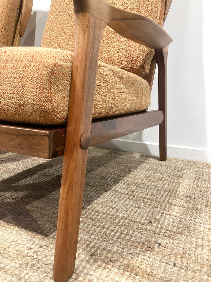 Pre - order: Danish Deluxe paddle high back armchairs Inga restored Zepel fabric boucle teak