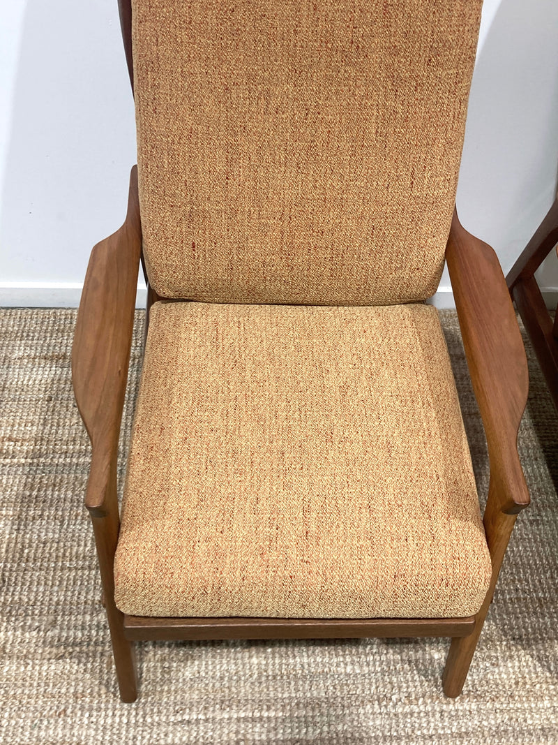 Pre - order: Danish Deluxe paddle high back armchairs Inga restored Zepel fabric boucle teak