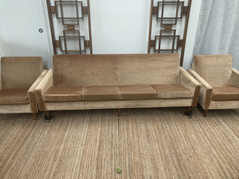 Genuine original Parker couch lounge suite 4 seater matching 2 pair armchairs original gold brown velvet low line fully restored