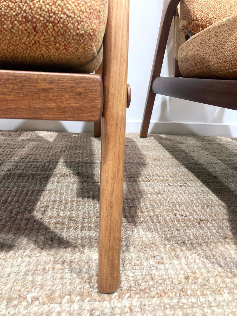 Pre - order: Danish Deluxe paddle high back armchairs Inga restored Zepel fabric boucle teak