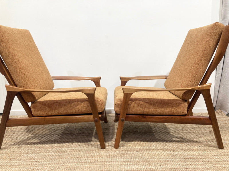 Pre - order: Danish Deluxe paddle high back armchairs Inga restored Zepel fabric boucle teak