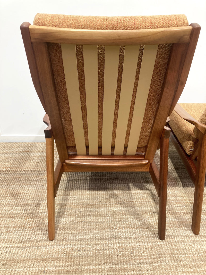 Pre - order: Danish Deluxe paddle high back armchairs Inga restored Zepel fabric boucle teak