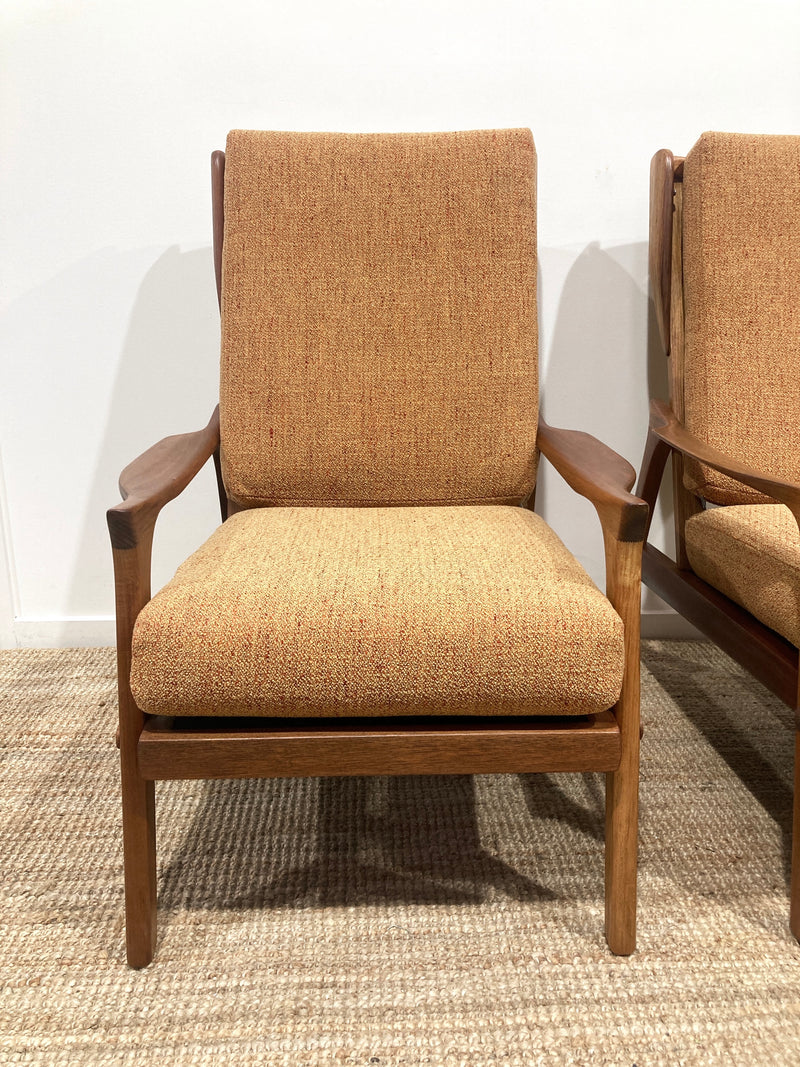 Pre - order: Danish Deluxe paddle high back armchairs Inga restored Zepel fabric boucle teak