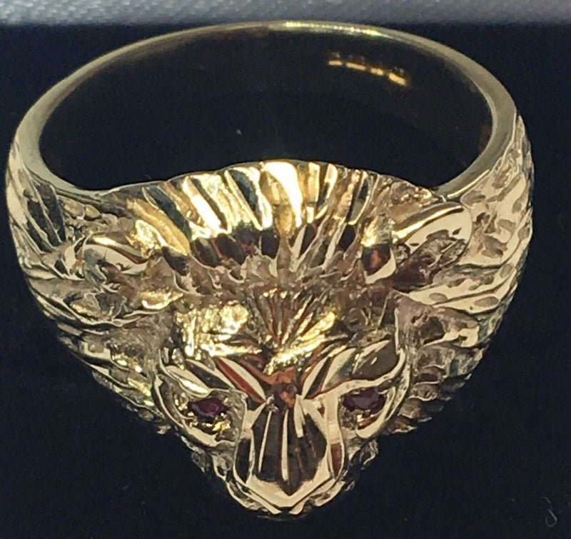 Solid 9 carat gold lion gents ring ruby made in England Birmingham