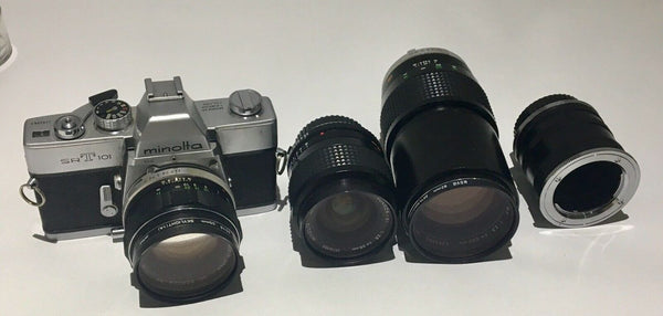 Minolta film 35mm camera SRT 101 with 3 lenses & accessories Japan