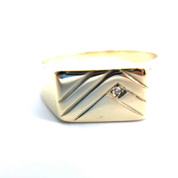 Solitaire 9ct yellow gold gents mens signet ring size W diamond inset