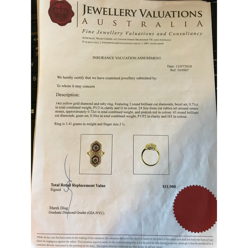 14ct yellow gold ruby diamond ring round brilliant cut evaluation $12k size J1/2