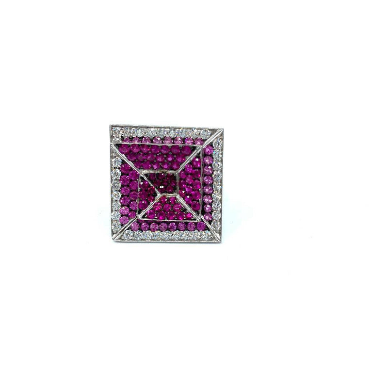 Custom made square 18ct white gold pink sapphire ruby diamond sinking square faced ring