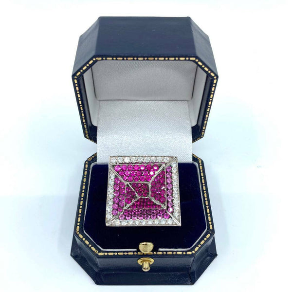 Custom made square 18ct white gold pink sapphire ruby diamond sinking square faced ring