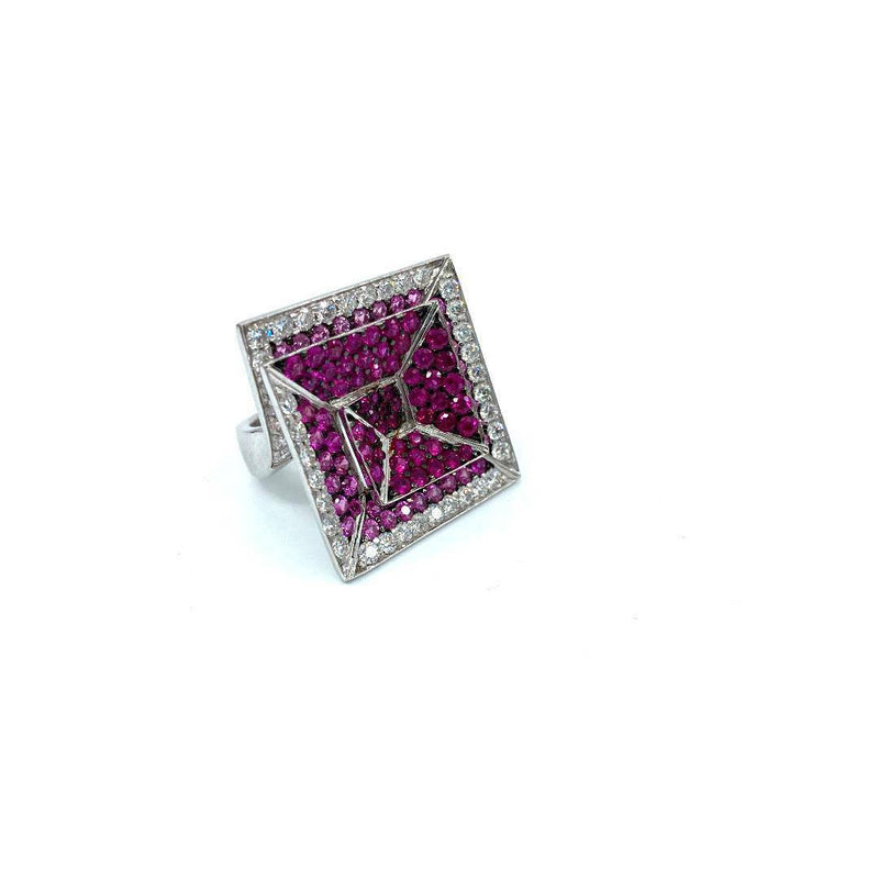 Custom made square 18ct white gold pink sapphire ruby diamond sinking square faced ring