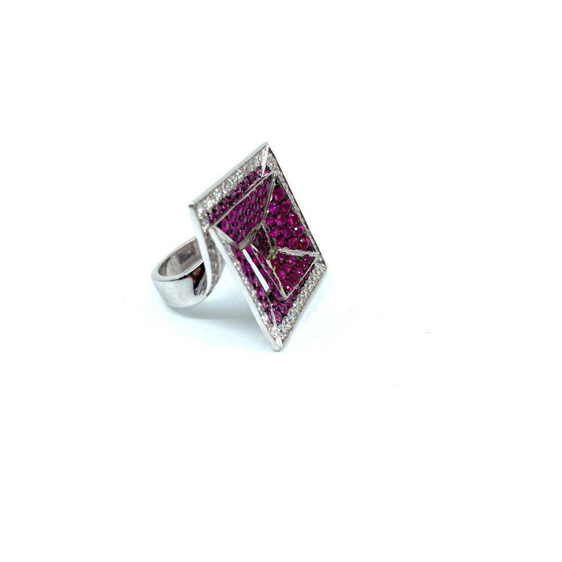 Custom made square 18ct white gold pink sapphire ruby diamond sinking square faced ring