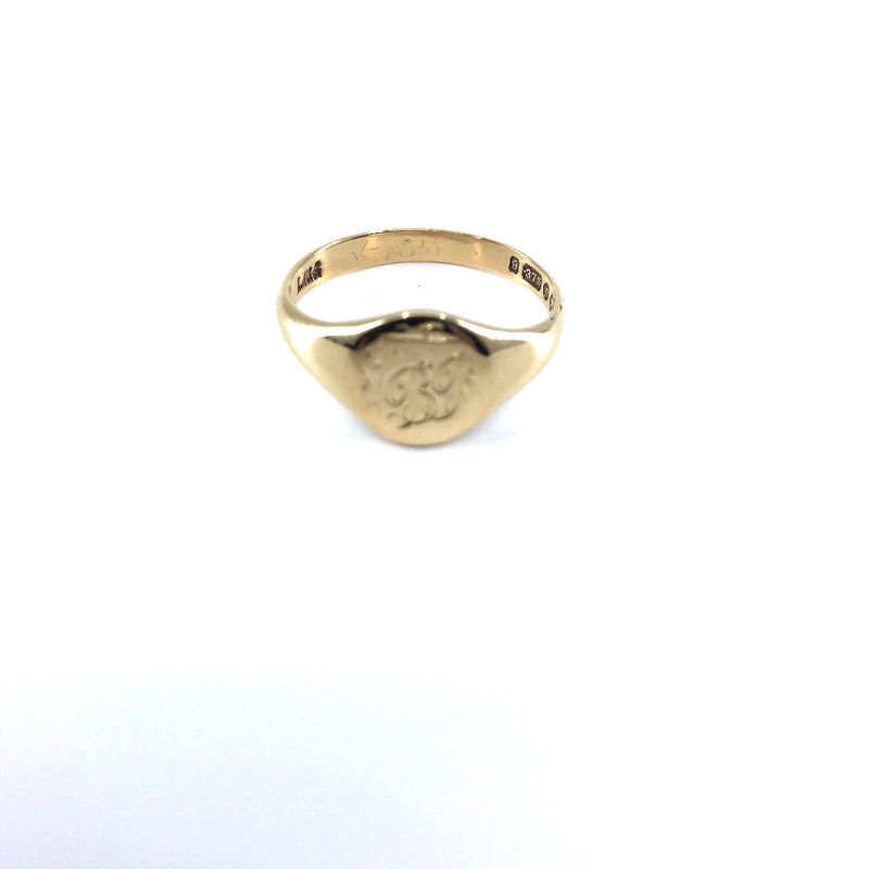 Oval 9ct yellow gold gents mens signet ring size R England London 1960s initials BB