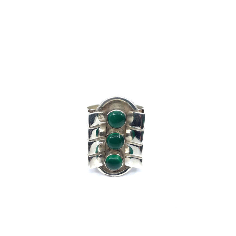 Sterling Silver 925 ring 3 round cabochons green agate art deco style handmade