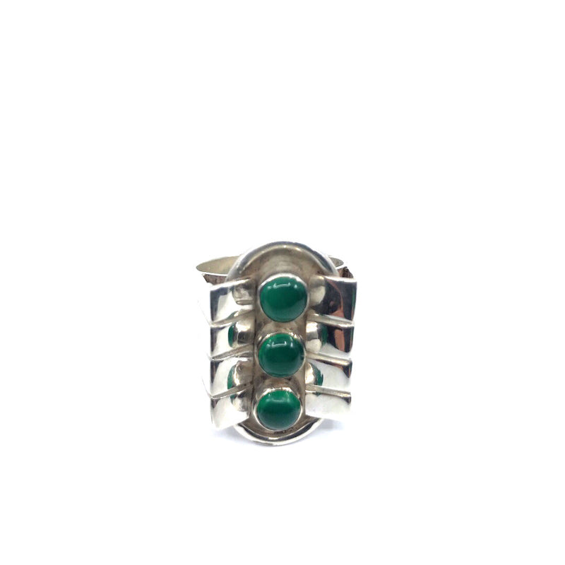 Sterling Silver 925 ring 3 round cabochons green agate art deco style handmade
