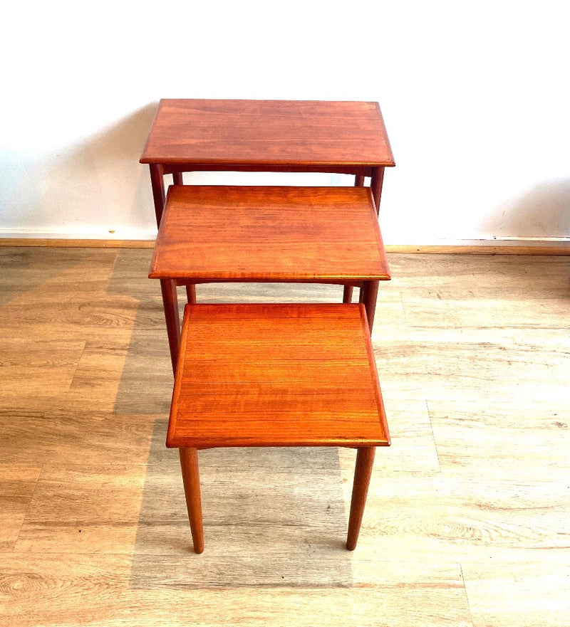 Pre order: Authentic 1960s Parker nest of tables three MCM furniture teak brown