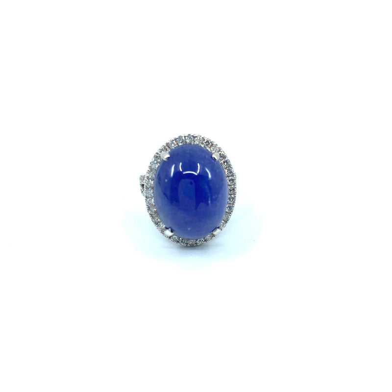 Custom made 18ct white gold with 21ct Tanzanite oval cabochon 60 round cut brilliant diamonds halo style ring