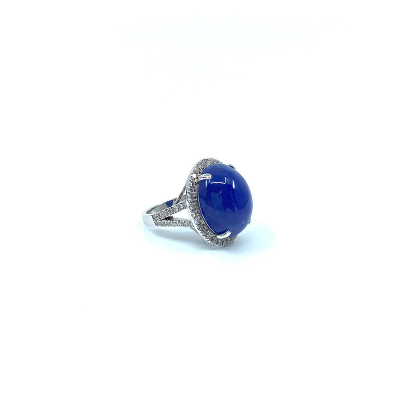 Custom made 18ct white gold with 21ct Tanzanite oval cabochon 60 round cut brilliant diamonds halo style ring