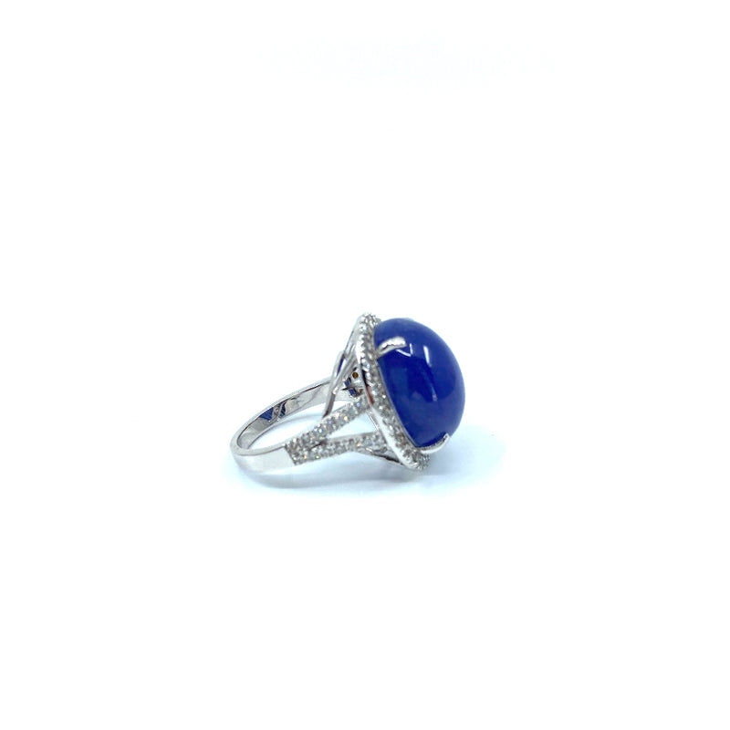 Custom made 18ct white gold with 21ct Tanzanite oval cabochon 60 round cut brilliant diamonds halo style ring