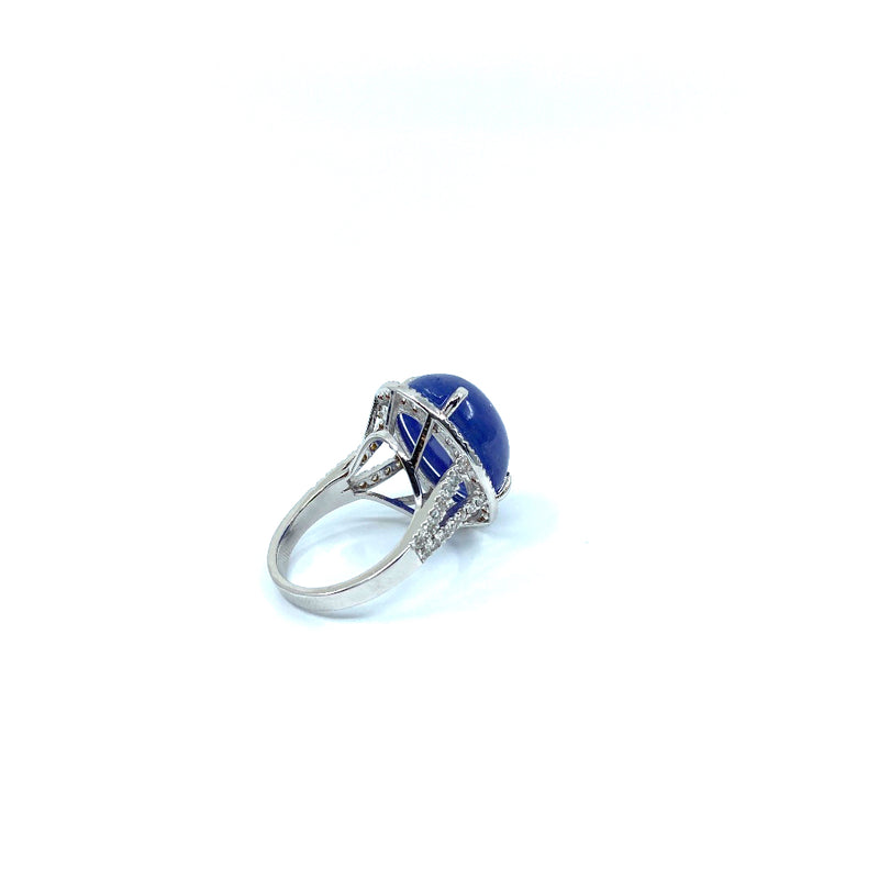 Custom made 18ct white gold with 21ct Tanzanite oval cabochon 60 round cut brilliant diamonds halo style ring