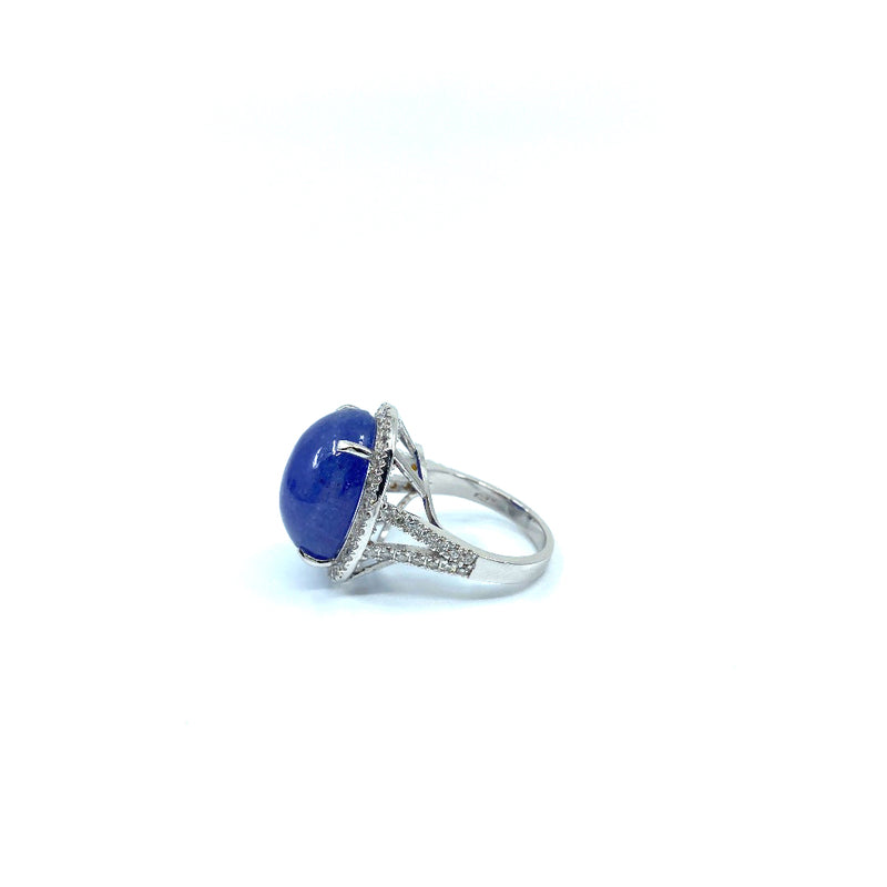 Custom made 18ct white gold with 21ct Tanzanite oval cabochon 60 round cut brilliant diamonds halo style ring