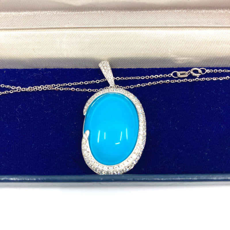 18ct white gold grain set pave surround turquoise diamonds brilliant cut pendant necklace