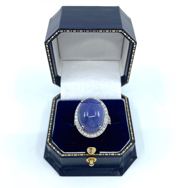 Custom made 18ct white gold with 21ct Tanzanite oval cabochon 60 round cut brilliant diamonds halo style ring