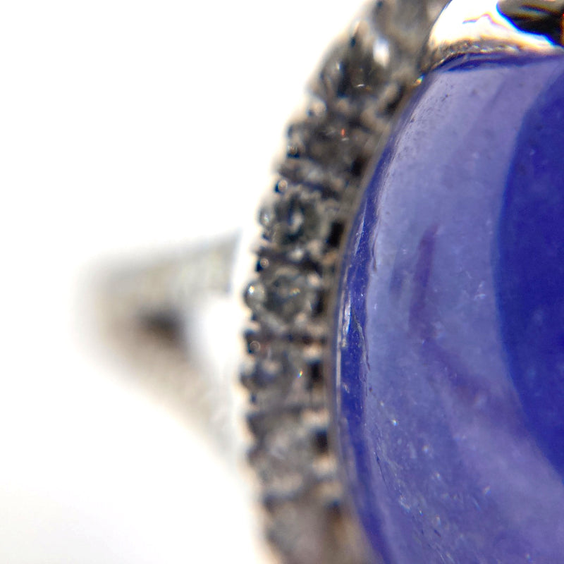 Custom made 18ct white gold with 21ct Tanzanite oval cabochon 60 round cut brilliant diamonds halo style ring