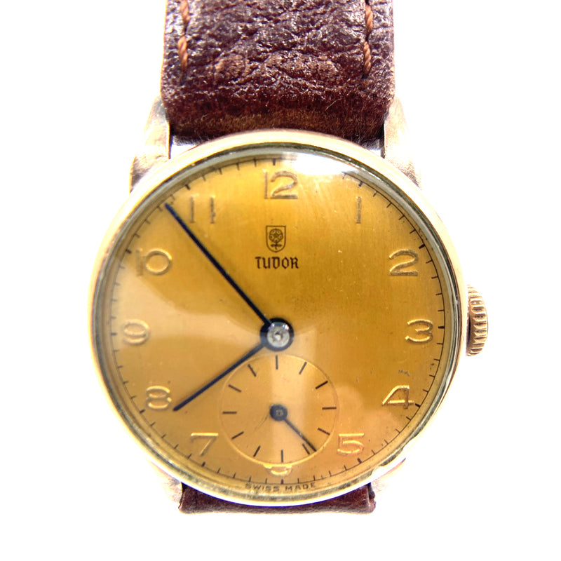 Vintage Tudor Gents Mens Watch gold color stainless steel case mechanically restored 1940s Authentic